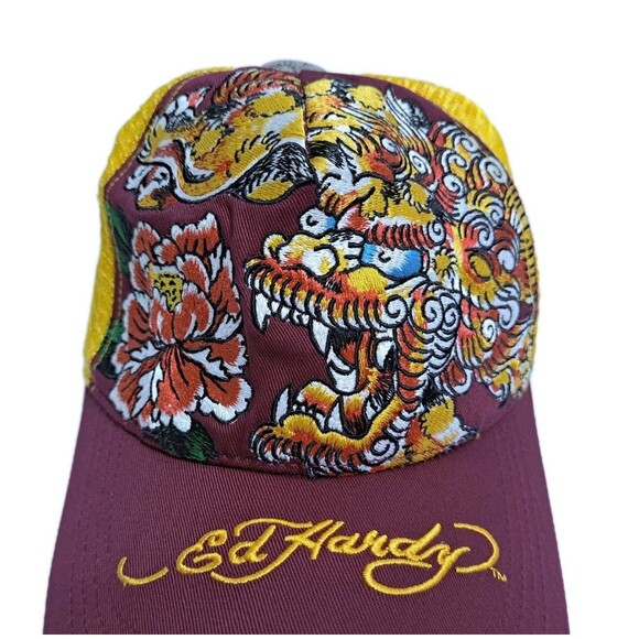 Vintage ED HARDY by Christian Audigier Yellow Red Dragon Graphic Mesh Snapback - Picture 2 of 10